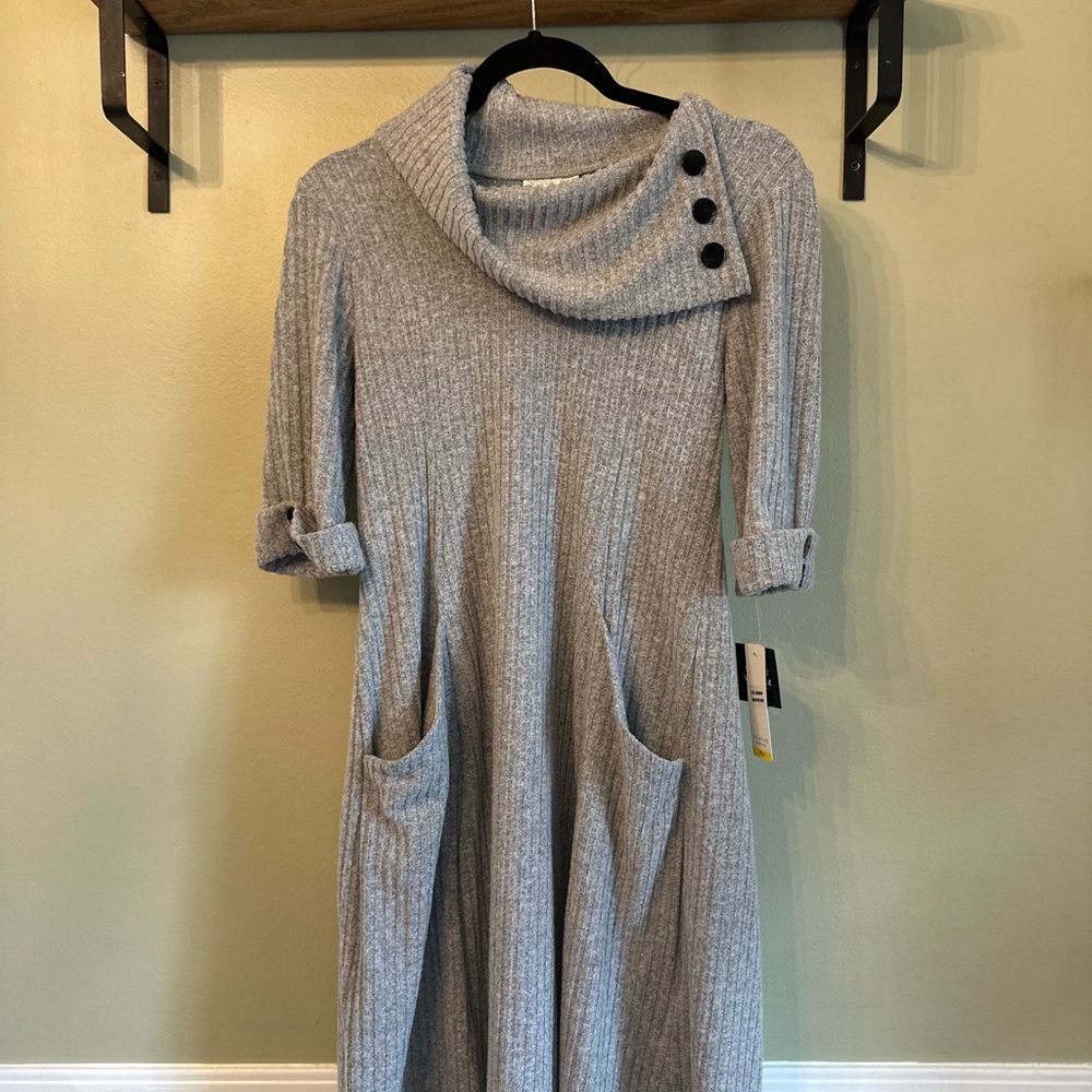 Gray Ribbed Knit Dress with Cowl Neck